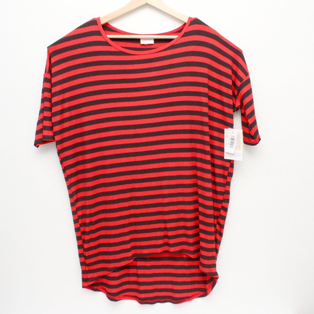 New with Tags LulaRoe Striped Blouse Irma Rayon Spandex blend Red and Black XS